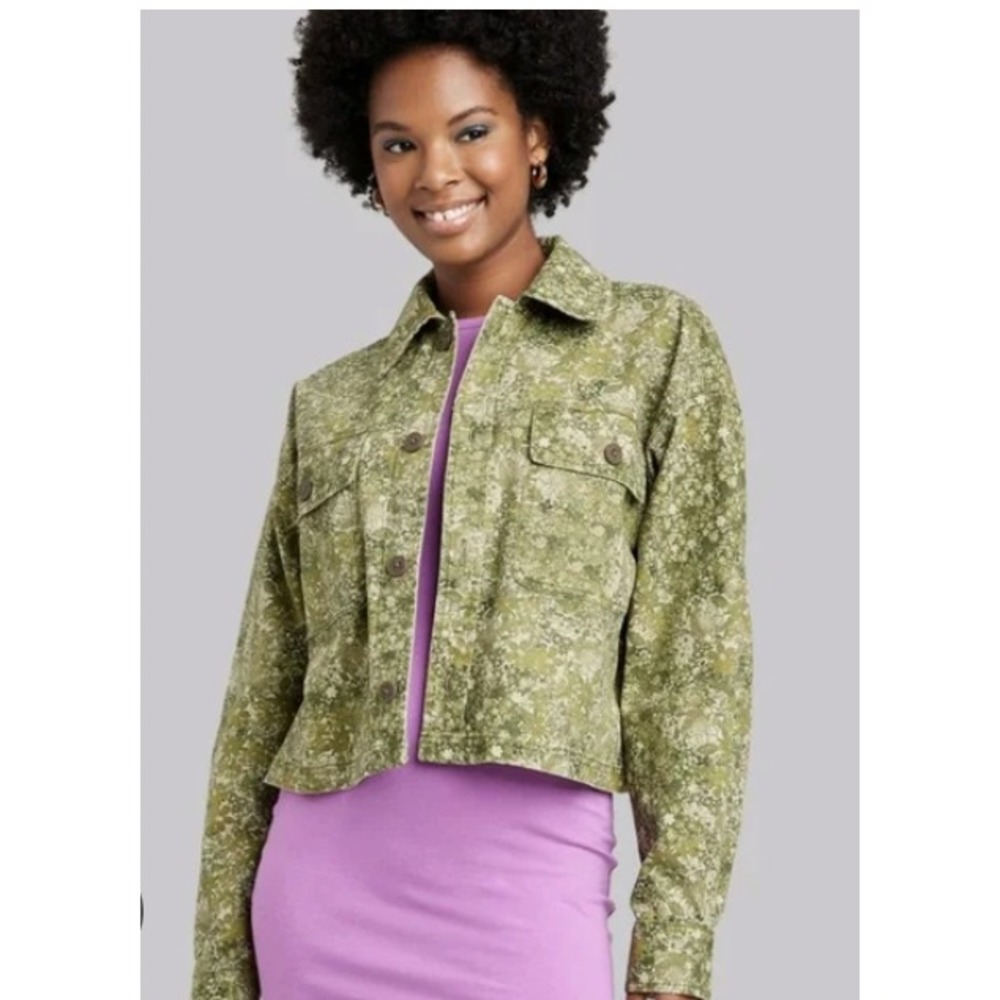 Wild Fable Crop Jean Jacket Womens M Abstract Acid Wash Green Floral